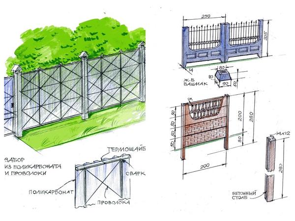 Рис.9 - забор из поликарбоната и проволоки; рис.10 - забор из готовых ж/б элементов